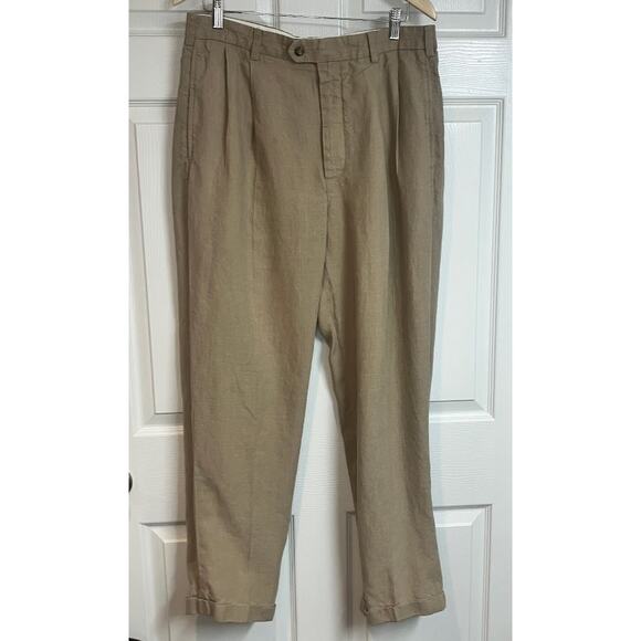 Jos A Banks Travelers Collection 100% Linen Pleated Cuffed Trouser Pants 35x30 - Picture 1 of 11